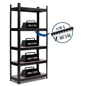 Karl home Garage Shelving Heavy-Duty, 5-Tiers Wide Size Adjustable Metal Shelving Unit Utility Rack Organization for Garage Pantry Basement, 1900lbs,27.6" L x 11.8" W x 59.1" H, Black