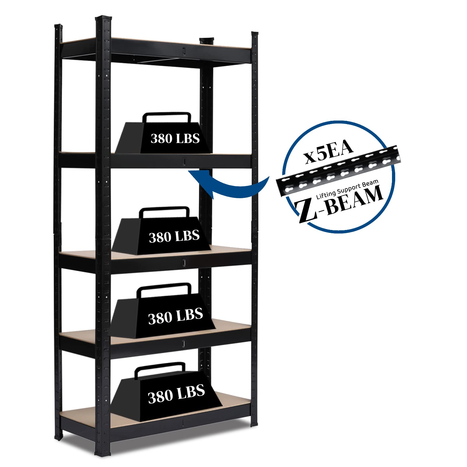 Karl home Garage Shelving Heavy-Duty, 5-Tiers Wide Size Adjustable Metal Shelving Unit Utility Rack Organization for Garage Pantry Basement, 1900lbs,27.6" L x 11.8" W x 59.1" H, Black