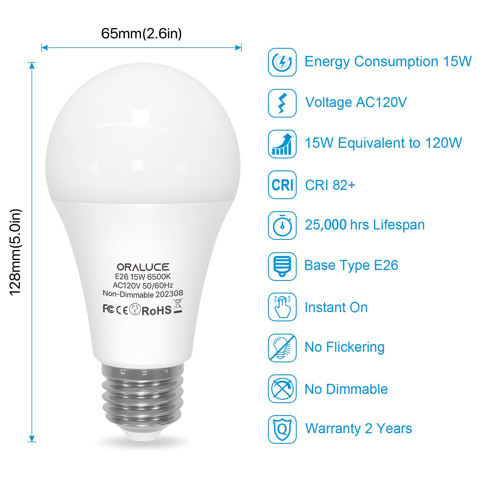 ORALUCE LED Light Bulbs 100 Watt - 120 Watt Equivalent, 15W 1600 Lumens 6500K Cool White LED Bulbs, E26 Medium Base, Non-Dimmable, UL Listed, 6Pack