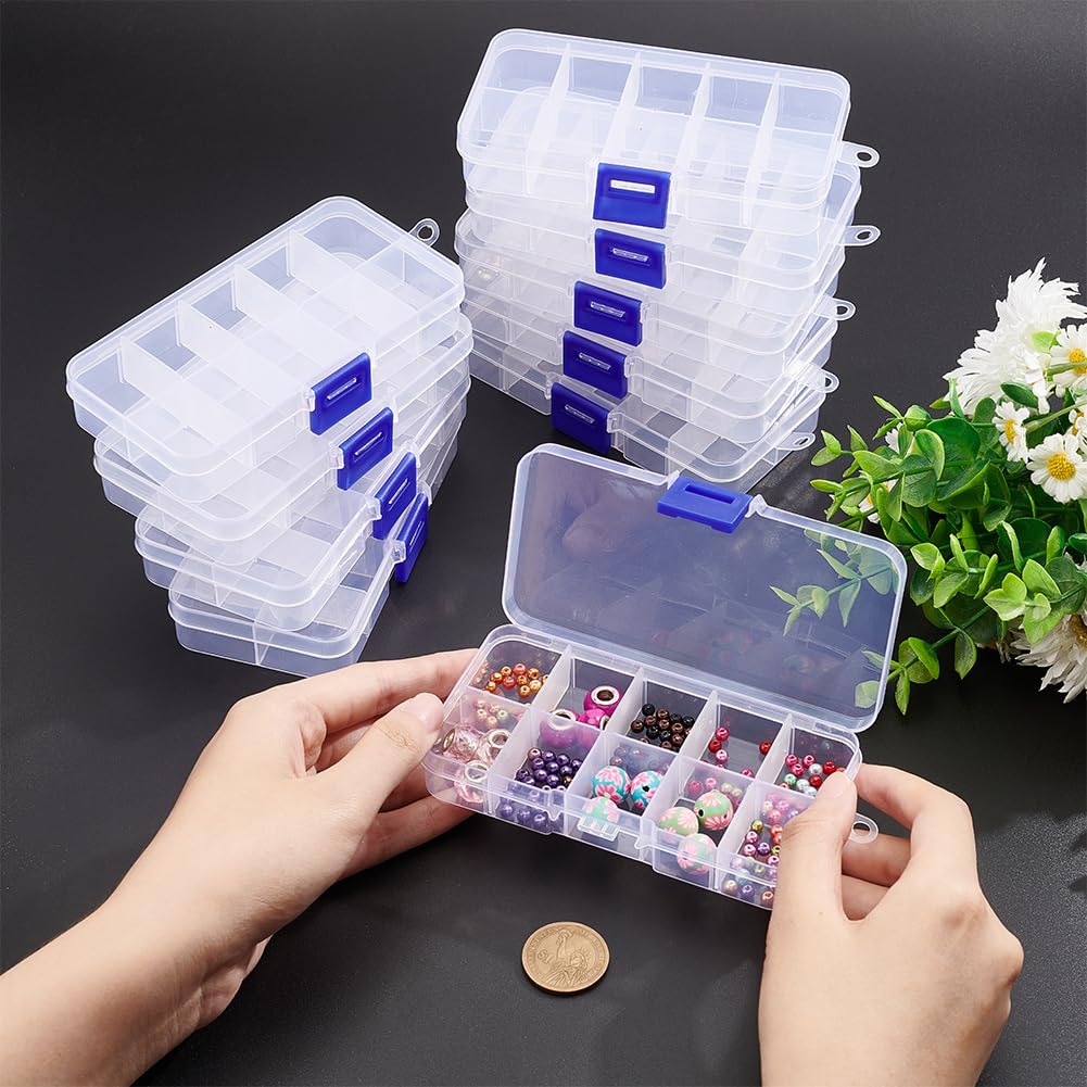 NBEADS 10 Pcs 10 Grids Plastic Organizer Box, Clear Plastic Jewelry Dividers Box Organizer Mini Tackle Boxes Jewelry Storage Container for Beads Small Items Findings Storage, 5.04×2.7×0.87"