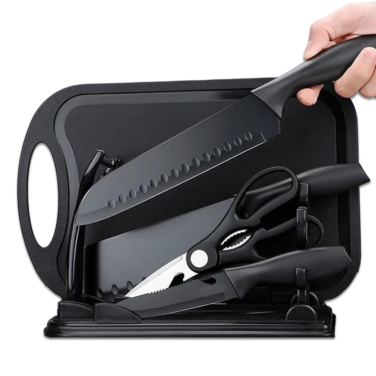 Magicorange 7-Piece Kitchen Knife Set - 5 Black Stainless Steel Knives with Sheaths, Cutting Board, and a Knife Block- Stainless Steel Kitchen Knives with PP Ergonomic Handle (Matte Black)