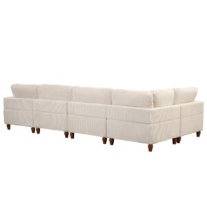 kevinplus Modular Sectional Sofa Couch L-Shaped for Living Room, Modern 5-Seat Corner Sofa Couch with Reversible Ottoman for Apartment Office Studio, Wood Leg & Corduroy Fabric, Beige