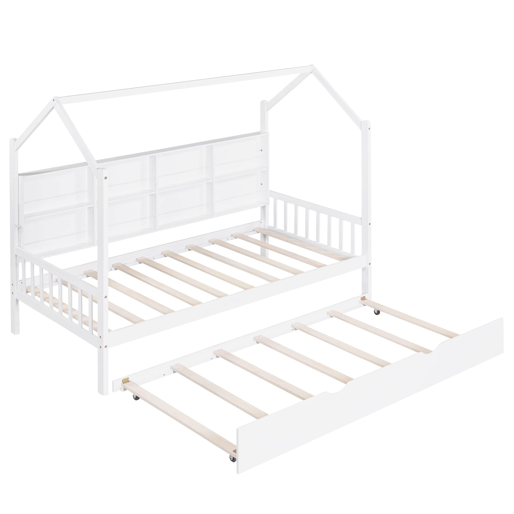 Twin House Bed with Twin Size Trundle,Twin Size Platform Bed Frame with Storage Shelves and Roof,Montessori Bed,Tent Bed,Wood Playhouse Bed Twin for Kids Teens Girls & Boys (Twin, White)