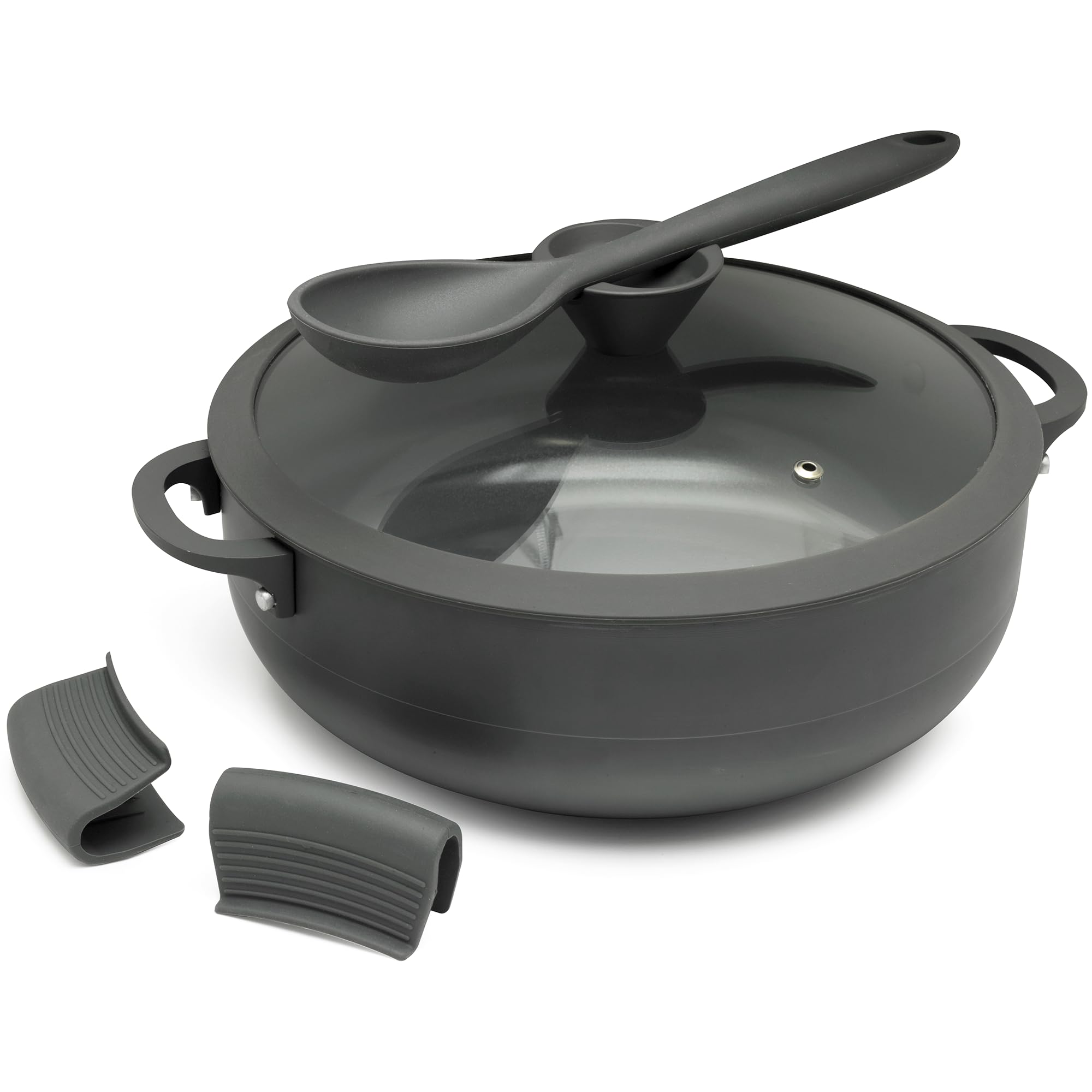 Nativo Nonstick Nontoxic Ceramic Caldero Dutch Oven with Glass Lid, Spoon Rest, Silicone Handle Protectors and Silicone Spatula (GRAY, 5 QT)