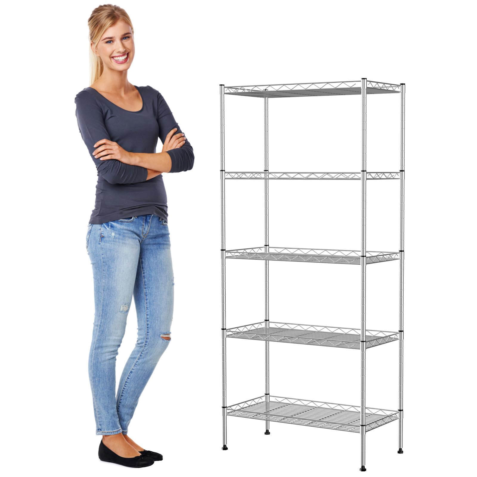 Dlewmsyic 5-Tier Storage Shelving Unit, NSF Shelf Rack Height Adjustable, Steel Organizer Wire Shelves for Small Places Kitchen Garage Pantry (Chrome, 21.5" L x 11.6" W x 47.6" H)