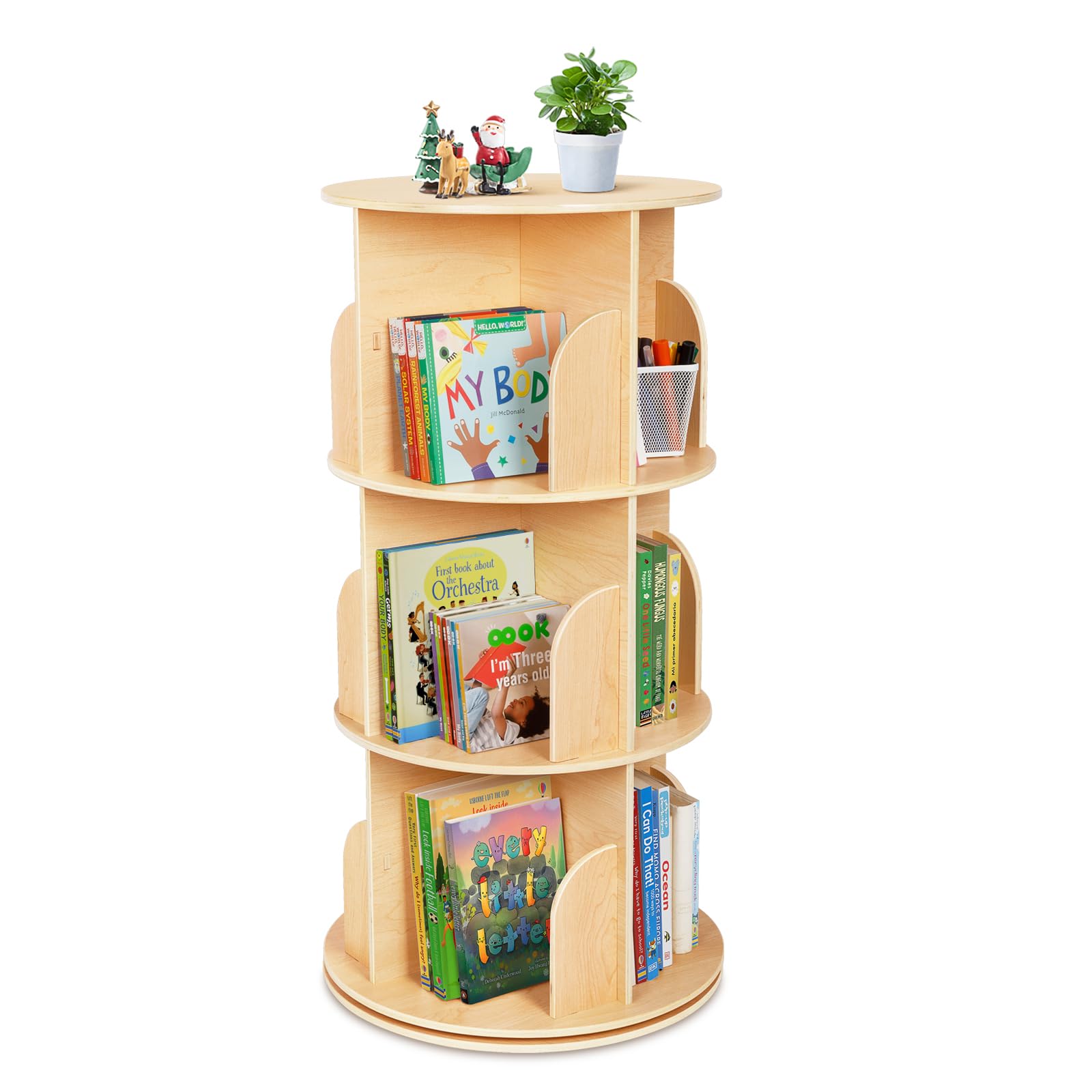 OOOK Kids Rotating Bookshelf, Small Corner Bookshelf for Small Space, 360° Display 3 Tier Floor Standing Bookshelf Storage Rack, Wooden Narrow Bookcase Organizer for Bedroom, Living Room