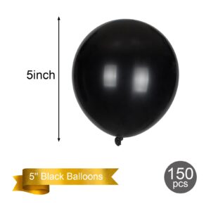 150pcs Black Balloons, 5 inch Latex Balloons, Helium Black Party Balloons for Birthday Baby Shower Wedding Graduation Holiday Ballons Party Decor(With 2 Black Ribbons)