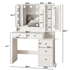 Fameill White Makeup Vanity Desk with Mirror and Lights,Vanity Table with Power Strip and Lighted Mirror,Large Makeup Table with 5 Drawers Lots Storage,3 Lighting Modes,39.4inch(L)