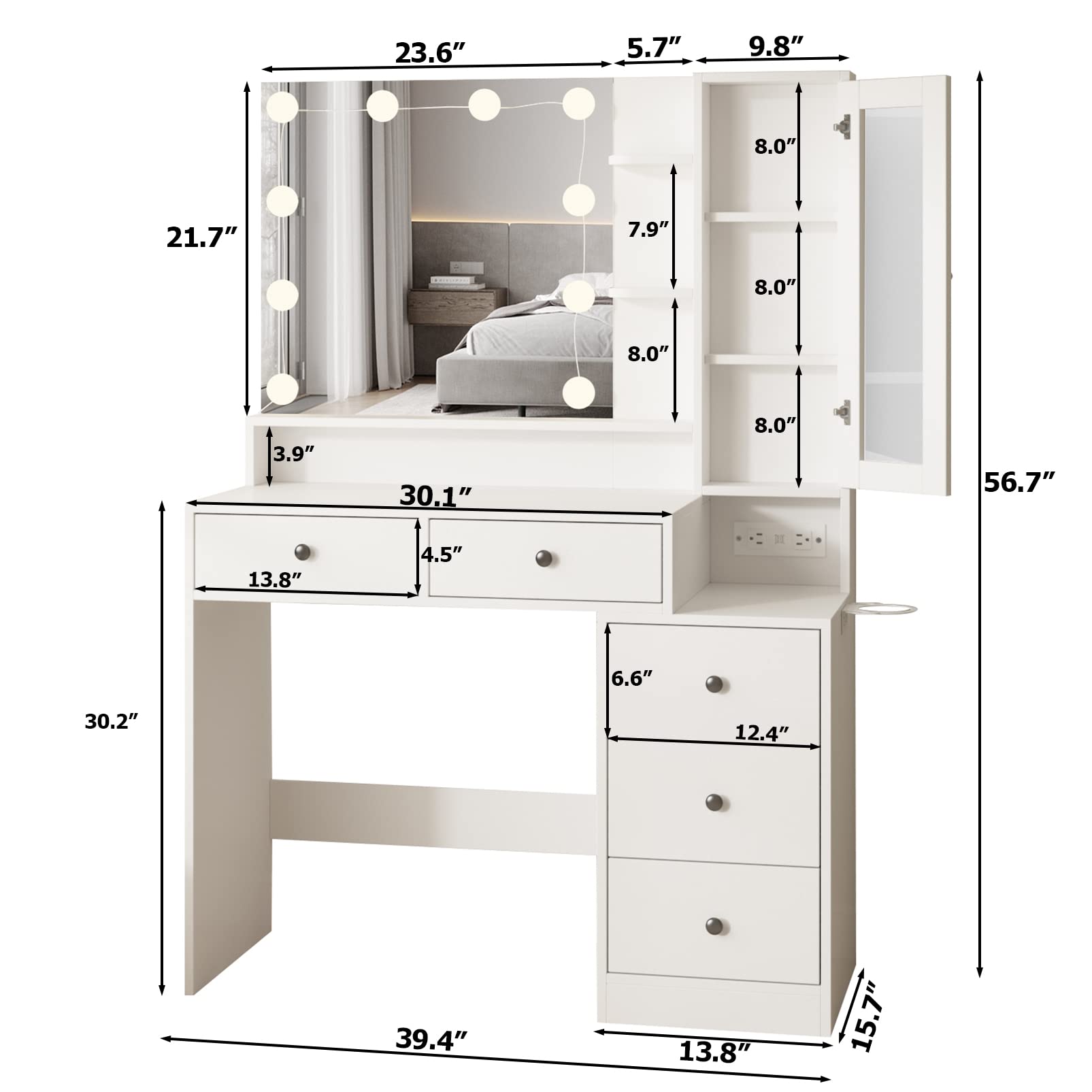 Fameill White Makeup Vanity Desk with Mirror and Lights,Vanity Table with Power Strip and Lighted Mirror,Large Makeup Table with 5 Drawers Lots Storage,3 Lighting Modes,39.4inch(L)