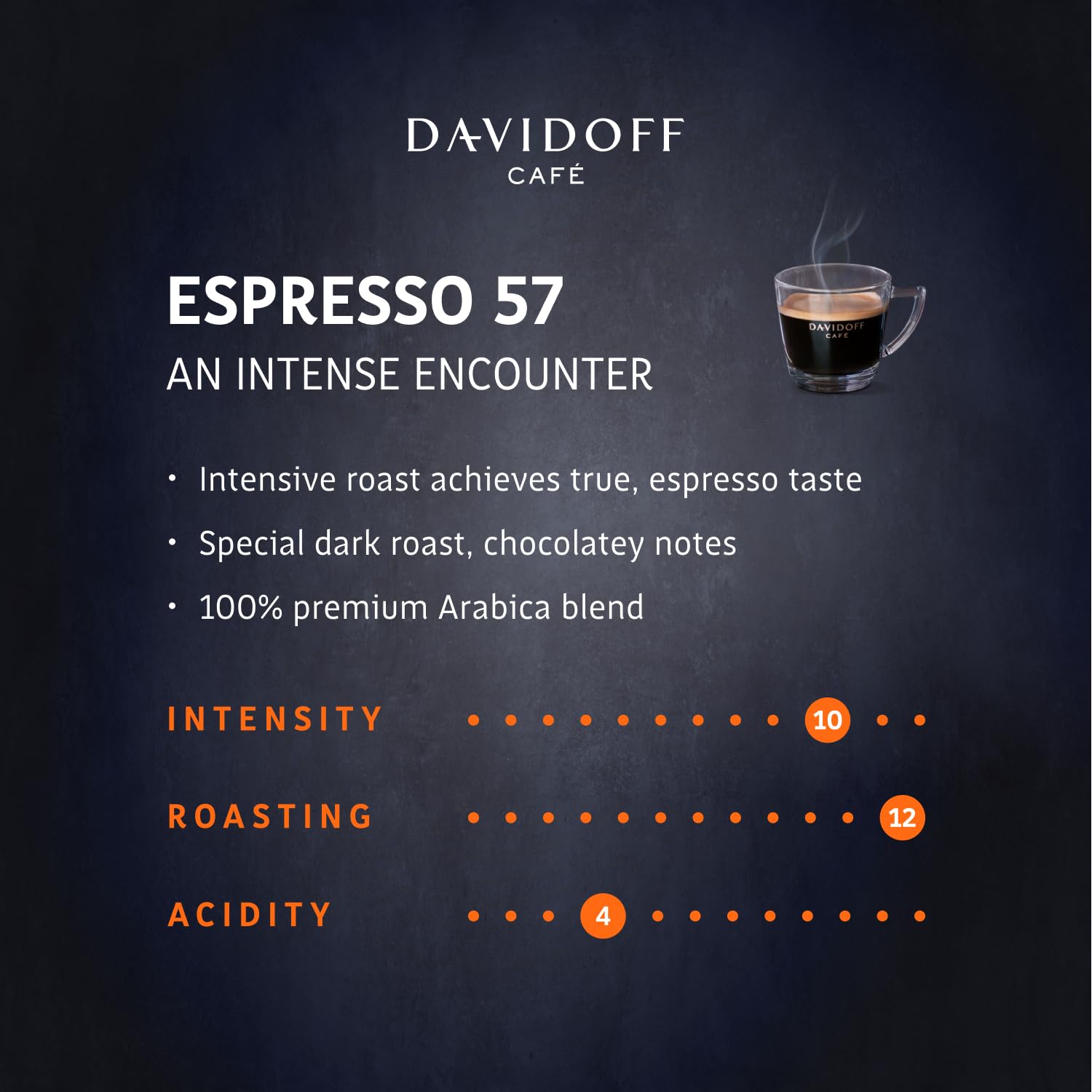 DAVIDOFF Espresso 57 Whole Beans - Dark and Chocolatey - Intense Roast with a Smooth Aroma - 100% Arabica Beans - 10/12 Intensity. 12/12 Roasting. 4/12 Acidity - 1 x 17.63 oz