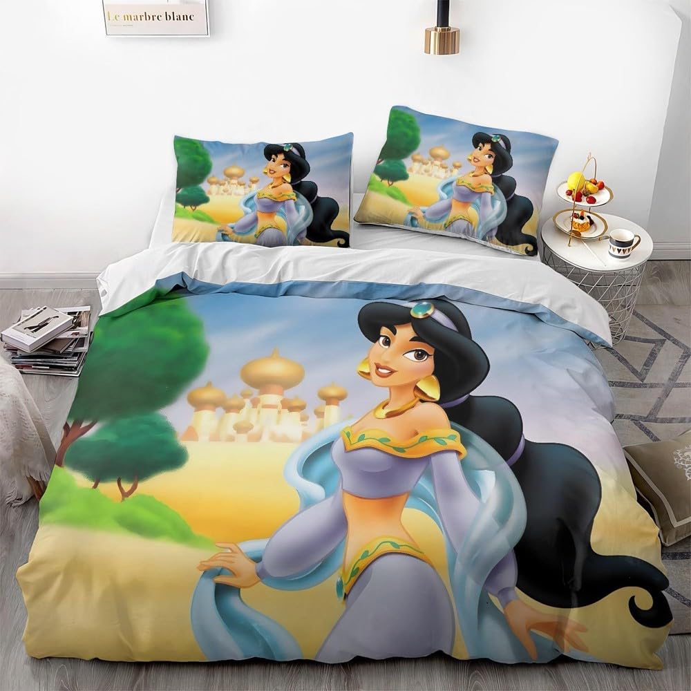 PONNYC Magic Lamp Jasmine Princess Duvet Cover Soft 3D Printed Bedding Set with Comforter Cover 3 Piece Set Includes 2 Pillowcases and 1 Duvet Cover Machine Washable (11,Twin (68"x86"))