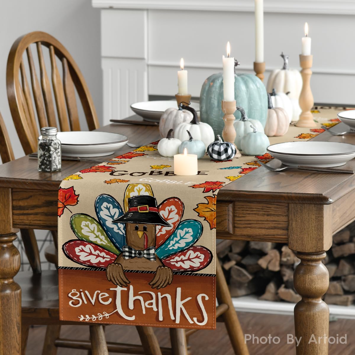 Artoid Mode Turkey Give Thanks Thanksgiving Table Runner, Seasonal Fall Autumn Kitchen Dining Table Decoration for Home Party Decor 13x72 Inch