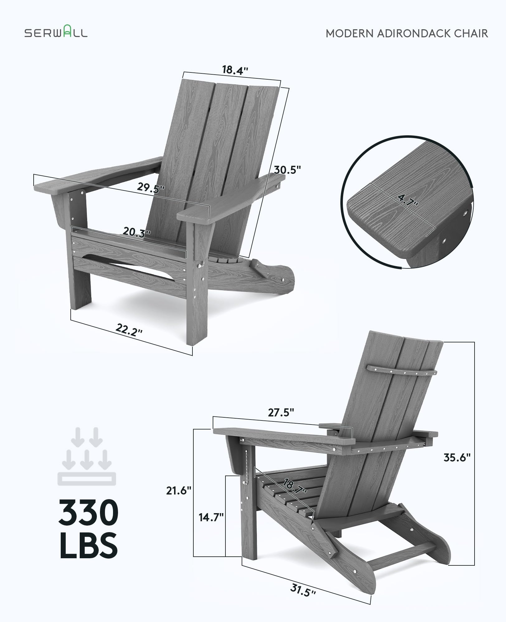 SERWALL Modern Folding Adirondack Chair，Oversized Folding Adirondack Chair with Curved Backrest, HDPE Outdoor Adirondack Chair, Gray