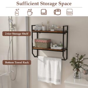 GOFLAME 2-Tier Industrial Bathroom Shelves with Towel Bar, Over The Toilet Shelf Wall Mounted with Metal Frame, Wall Storage Organizer Shelf for Bathroom, Living Room, Kitchen, Rustic Brown