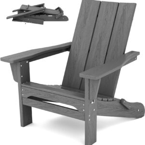 SERWALL Modern Folding Adirondack Chair，Oversized Folding Adirondack Chair with Curved Backrest, HDPE Outdoor Adirondack Chair, Gray