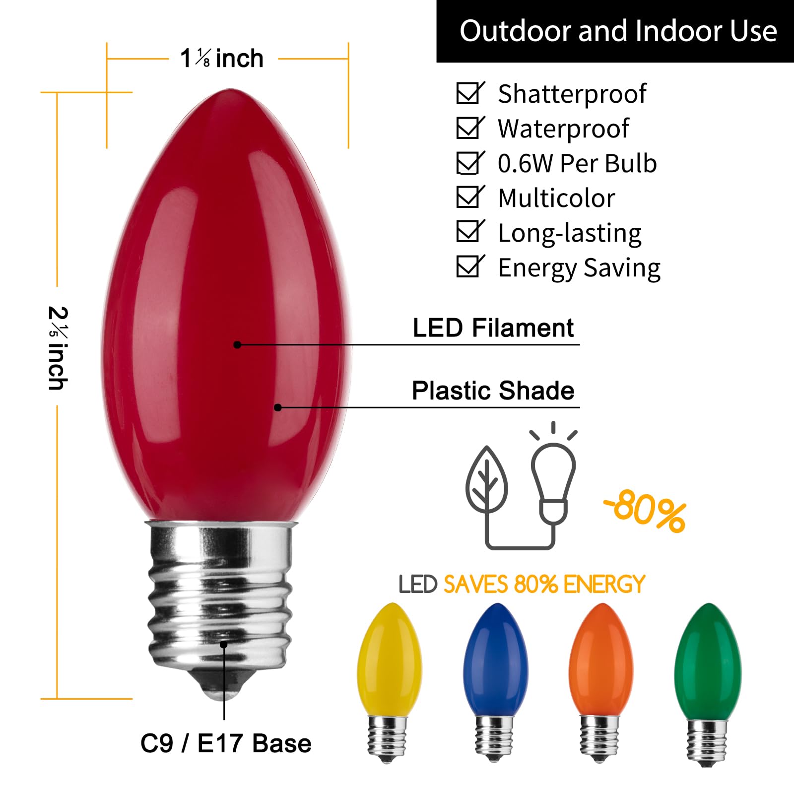 Minetom 25 Pack Multicolor C9 LED Christmas Light Bulbs, Colored Plastic C9 Shatterproof LED Bulbs Replacement for Christmas String Lights, E17 Intermediate Base, Commercial Dimmable Holiday Bulbs