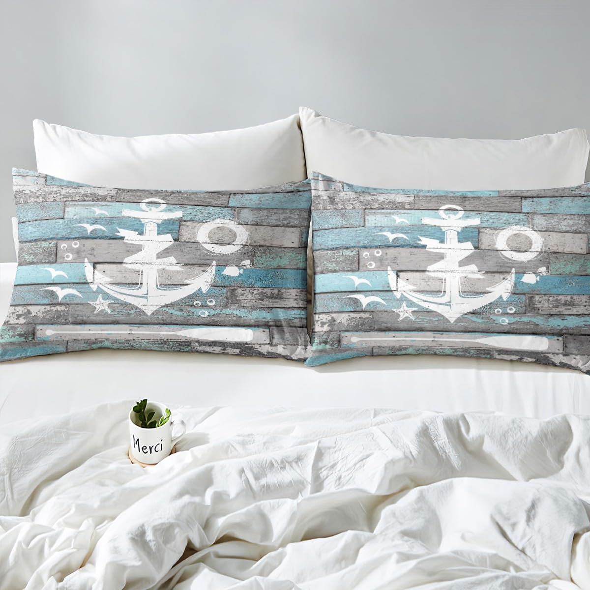 White Ship Anchor Duvet Cover King Ocean Nautical Bedding Set for Adults Women,Retro Blue Wooden Plank Lake Paddle Comforter Cover Country Lake Cabin Decor,Rustic Farmhouse Decor Lake Life Decor