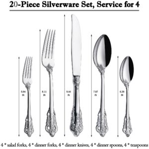 CADYSS Luxurious 20 Piece Silverware Set for 4 - Cutlery Set, Flatware Set - Includes Knife, Fork, and Spoon - High-End 18/10 Stainless Steel - Royal Tableware Set for an Exquisite Dining Experience