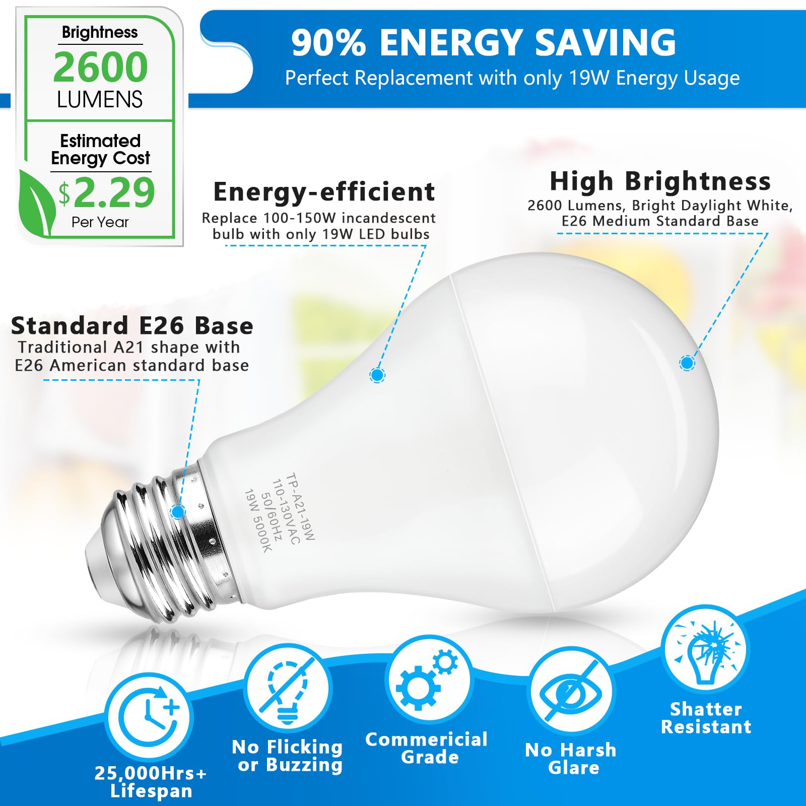 Maylaywood A21 LED Light Bulbs, 150 Watt Equivalent LED Bulb, Daylight White 5000K, 2600LM, E26 Base, Non-Dimmable, 19W Bright White LED Bulb, 4-Pack