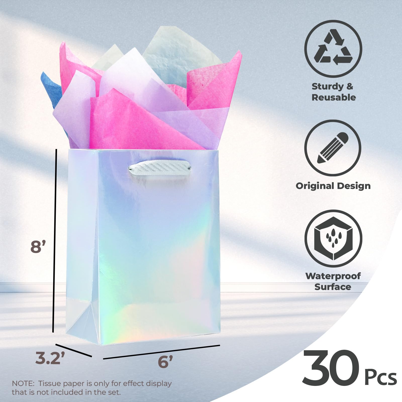 UnicoPak Iridescent Gift Bags, 30 Pcs Small Size 6x3.2x8 Inch Cardboard Paper with Waterproof Glossy Finish, Party Favor Bags for Birthday, Wedding, Bridal Shower