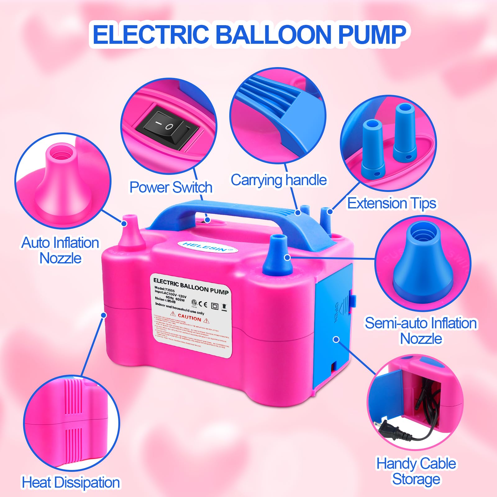 Electric Air Balloon Pump, Portable Dual Nozzle Electric Ballon Blower Maschine 600W Balloon Inflator for Party, Birthday, Wedding, Graduation, Festival Decorations(100-120v, Rose Red)