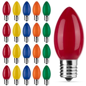 minetom 25 pack multicolor c9 led christmas light bulbs, colored plastic c9 shatterproof led bulbs replacement for christmas string lights, e17 intermediate base, commercial dimmable holiday bulbs