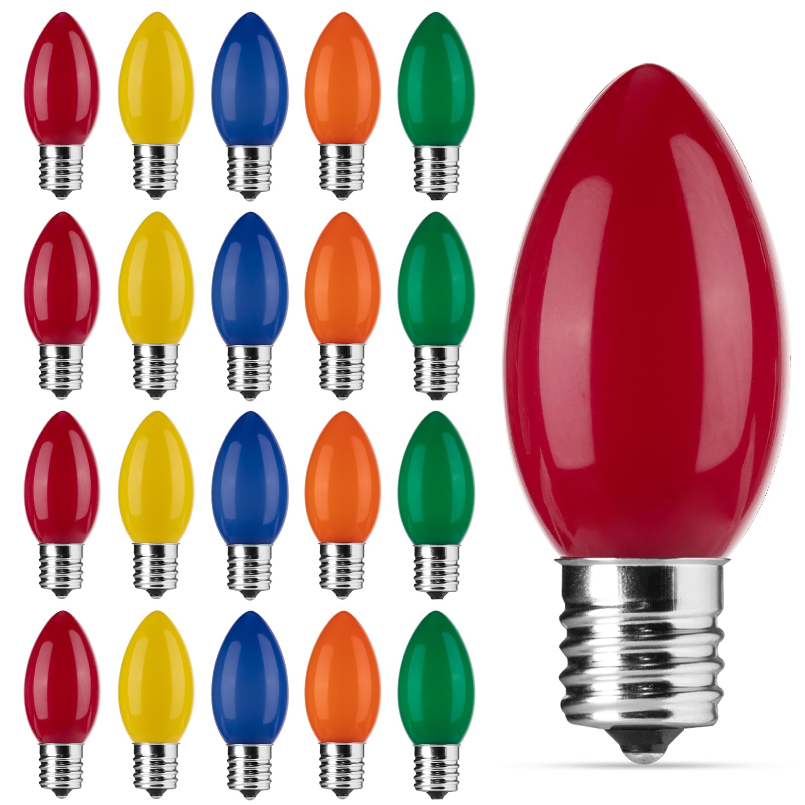 Minetom 25 Pack Multicolor C9 LED Christmas Light Bulbs, Colored Plastic C9 Shatterproof LED Bulbs Replacement for Christmas String Lights, E17 Intermediate Base, Commercial Dimmable Holiday Bulbs