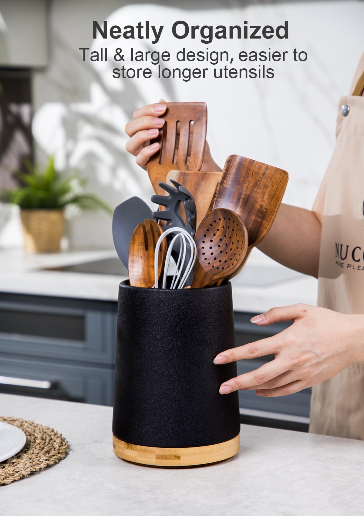 Nucookery 360° Rotating Utensils Holder, 8.2" Extra High Large Ceramic Kitchen Utensil Holder with Countertop-Protection Cork Bottom, Farmhouse Kitchen Decor for Counter (Stone Black)