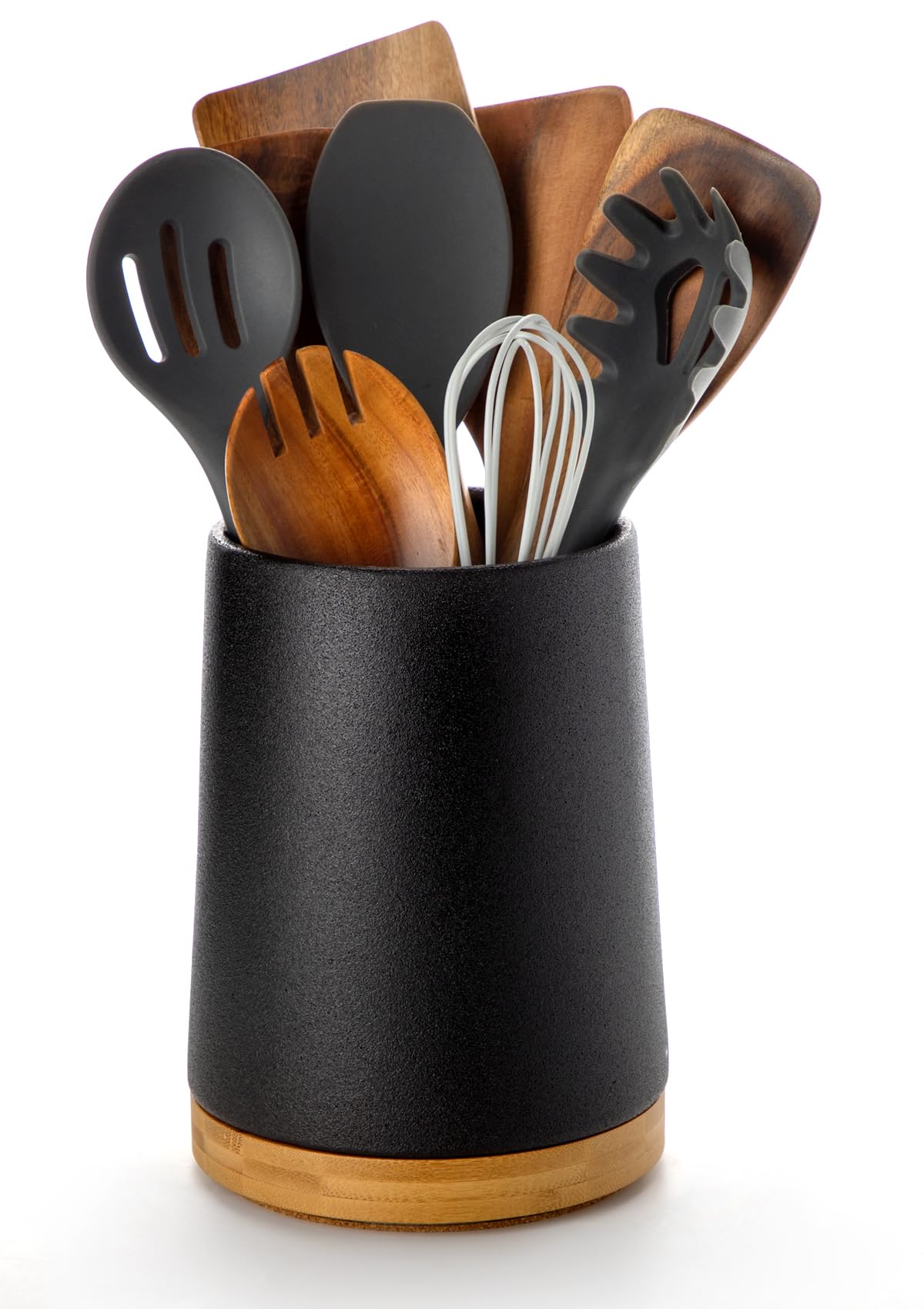 Nucookery 360° Rotating Utensils Holder, 8.2" Extra High Large Ceramic Kitchen Utensil Holder with Countertop-Protection Cork Bottom, Farmhouse Kitchen Decor for Counter (Stone Black)