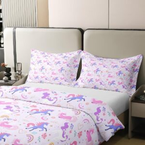 100% Nature Cotton Purple Unicorn Duvet Cover Twin,Dreamy Rainbow Pink Flowers Super Soft Bedding Set,Girls Room Decor Moon Star Love Hearts Comforter Cover Bedding 2 Piece (No Comforter)