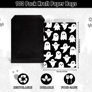 Whaline 100 Pack Halloween Treat Bags 5x7.3 Inch White Ghost Candy Goodie Bags Halloween Party Buffet Kraft Paper Bags Party Favor Snack Bags for Chocolate Cookies Goodies Halloween Party Favor