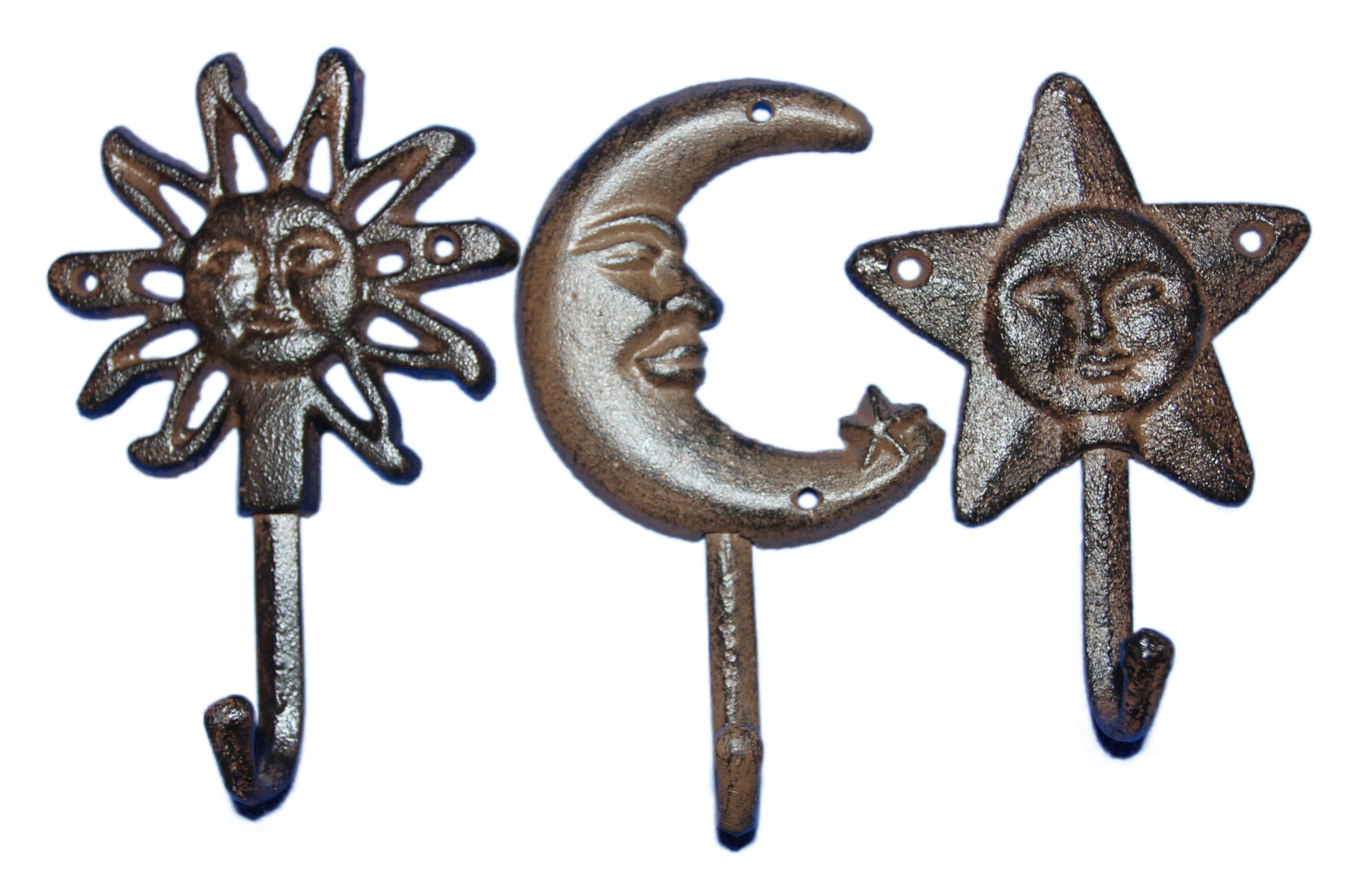 Set of 3 Cast Iron Sun, Moon and Star Wall Hooks for Entryways or Any Hanging Storage Location You Need a Handy Hook. Heavy Duty and Durable!