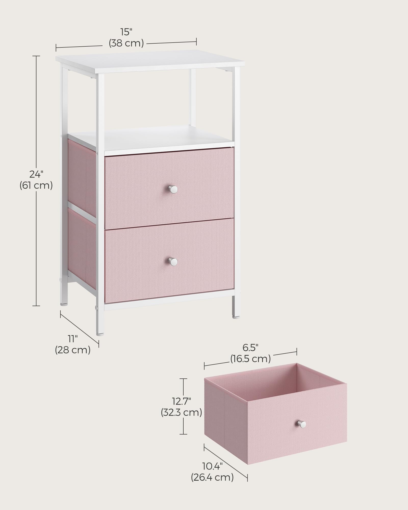 VASAGLE Nightstand, Side Table with 2 Fabric Drawers, 24-Inch Tall End Table with Storage Shelf, Bedroom, Jelly Pink and White ULGS025R05