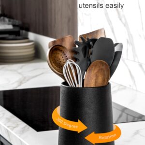 Nucookery 360° Rotating Utensils Holder, 8.2" Extra High Large Ceramic Kitchen Utensil Holder with Countertop-Protection Cork Bottom, Farmhouse Kitchen Decor for Counter (Stone Black)