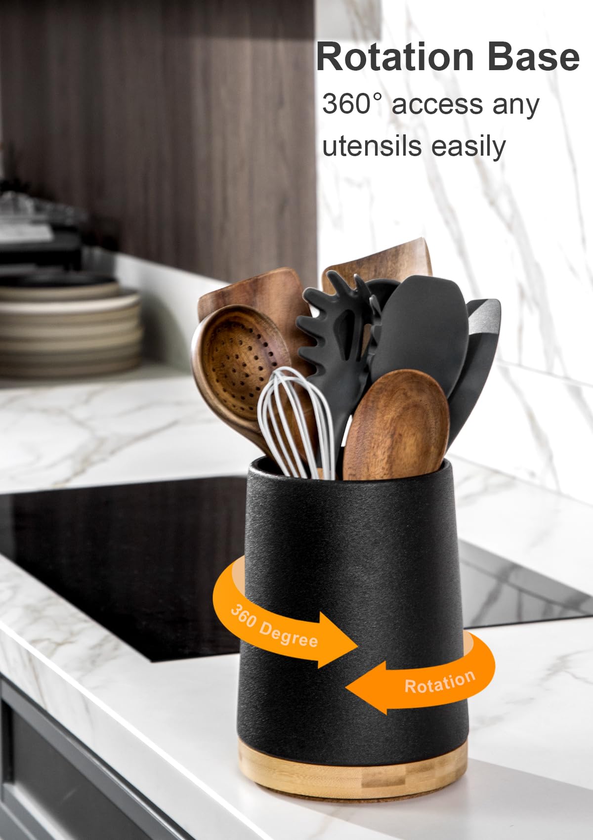 Nucookery 360° Rotating Utensils Holder, 8.2" Extra High Large Ceramic Kitchen Utensil Holder with Countertop-Protection Cork Bottom, Farmhouse Kitchen Decor for Counter (Stone Black)