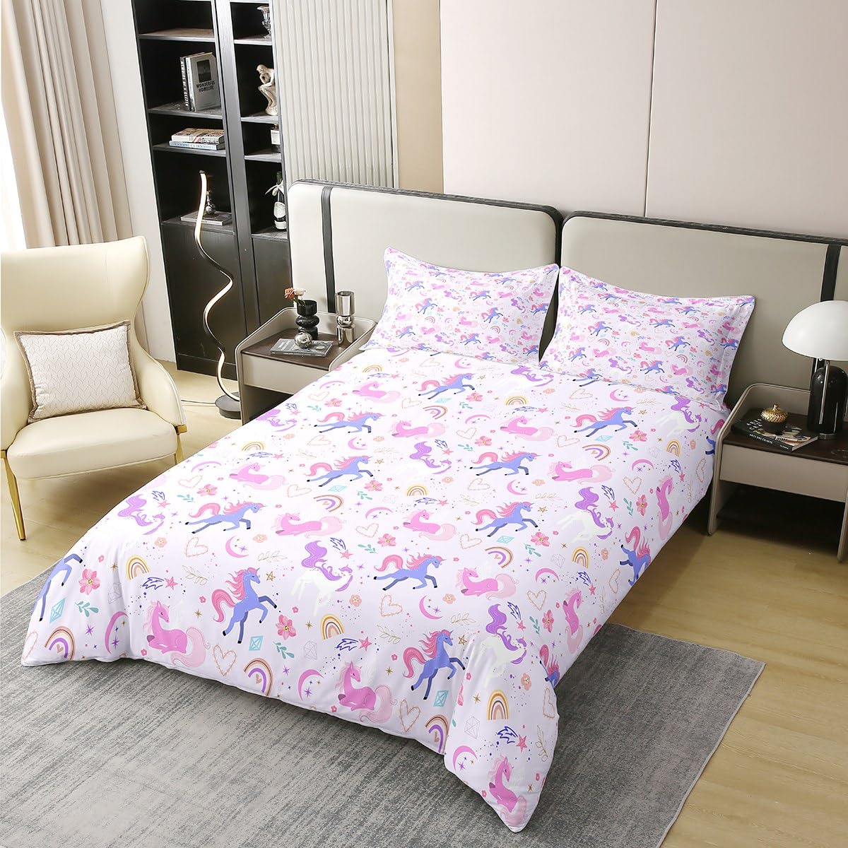 100% Nature Cotton Purple Unicorn Duvet Cover Twin,Dreamy Rainbow Pink Flowers Super Soft Bedding Set,Girls Room Decor Moon Star Love Hearts Comforter Cover Bedding 2 Piece (No Comforter)