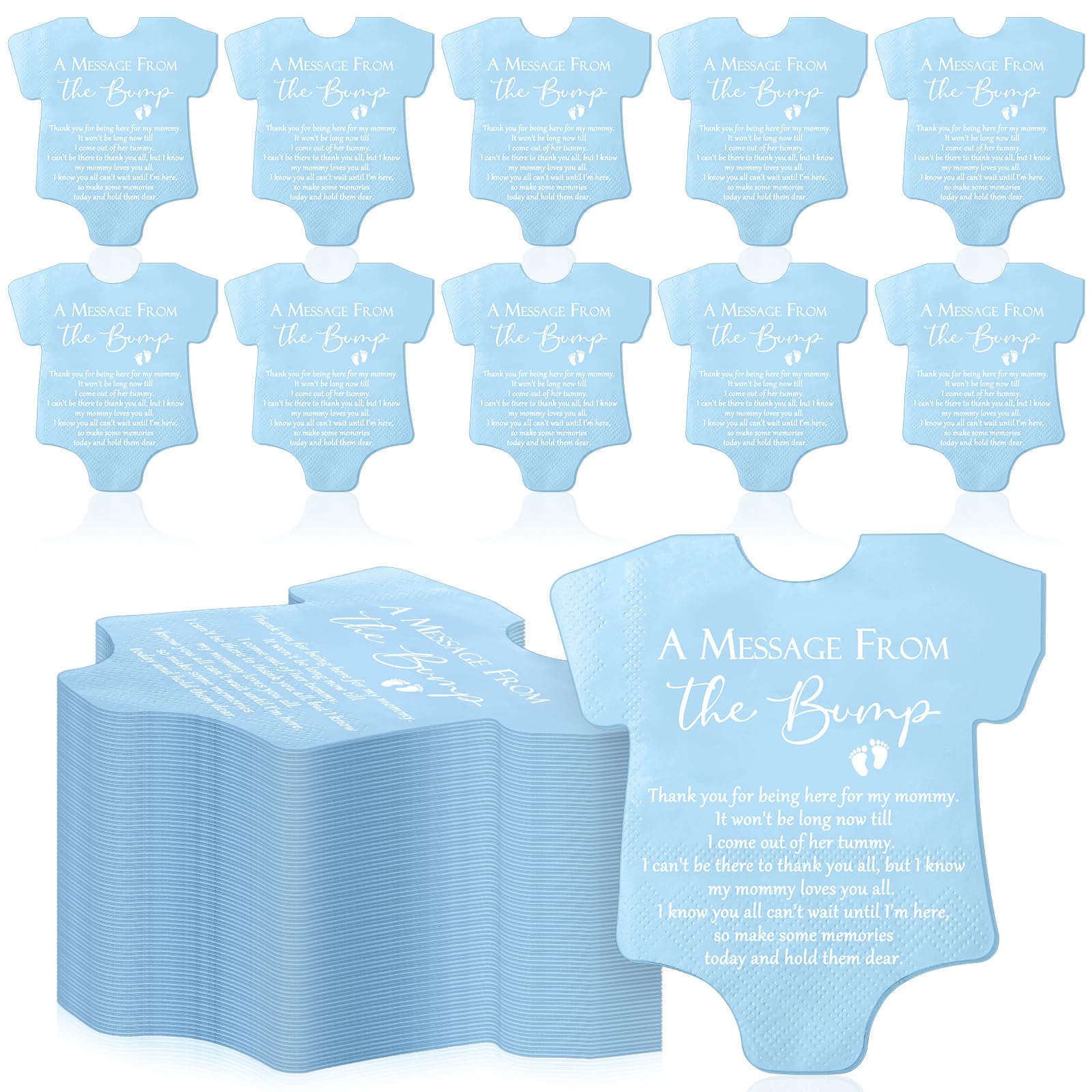 Colarr 100 Pcs Small Baby Shower Napkins Bodysuit Shape Gender Reveal Decorations Party Napkins a Message from the Bump Cocktail Disposable Paper Napkins for Baby Shower Thank You Gift (Blue)