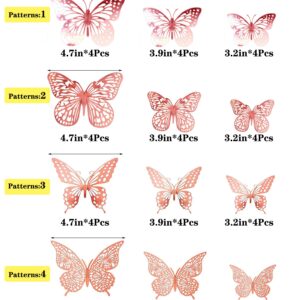 JOSDIOX 3D Butterfly Removable Metallic Wall Sticker 4 Styles 3 Sizes, Mural Decals for Kids Room Bedroom Décor Nursery Classroom Party Decoration Wedding DIY (Rose Gold 48 Pcs)