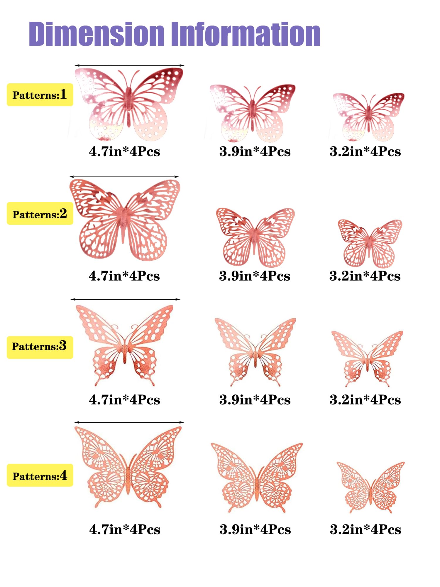 JOSDIOX 3D Butterfly Removable Metallic Wall Sticker 4 Styles 3 Sizes, Mural Decals for Kids Room Bedroom Décor Nursery Classroom Party Decoration Wedding DIY (Rose Gold 48 Pcs)