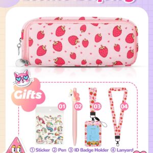 Bistup Pencil Case Pouch Pen Bag for School Cute Kawaii Girls Girly Cartoon Strawberry Teen Girls Zipper Pencil Pouches Large Stationary Bags 3 compartments with Lanyard+ID Badge Holder+Pen+Sticker