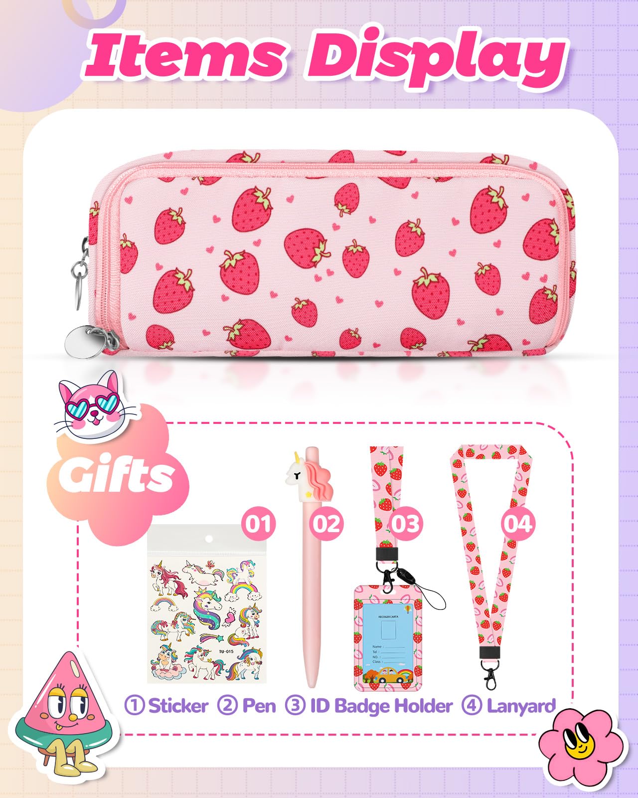 Bistup Pencil Case Pouch Pen Bag for School Cute Kawaii Girls Girly Cartoon Strawberry Teen Girls Zipper Pencil Pouches Large Stationary Bags 3 compartments with Lanyard+ID Badge Holder+Pen+Sticker