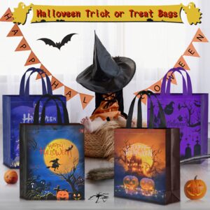 AhfuLife 6 Pcs Halloween Trick or Treat Bags, Large Halloween Candy Tote Bags with Handles, Reusable Halloween Non-Woven Gift Bags for Halloween Party Supplies Favors (15×11.8×3.9’’)