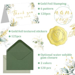 Qilery 120 Set Thank You Cards with Envelopes and Stickers for Wedding 5 x 3.5 Inch Sage Green Gold Foil Blank Thank You Notes Greeting Cards for Bridal Shower, Birthday, Graduation