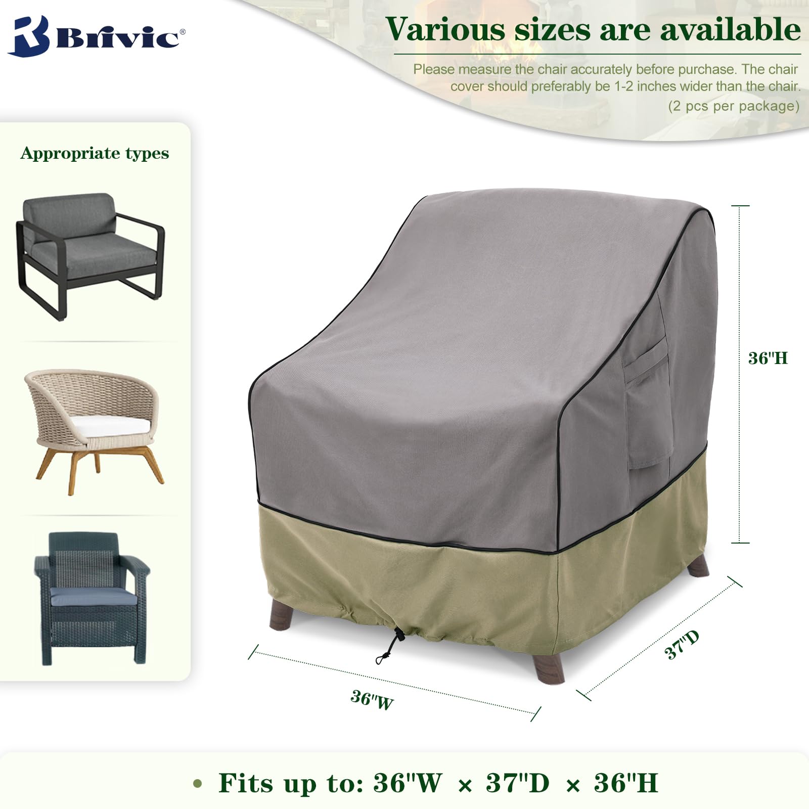 BRIVIC Patio Furniture Covers Waterproof for Chair, Outdoor Lawn Chair Covers Fits up to 36W x 37D x 36H inches(2Pack), Grey