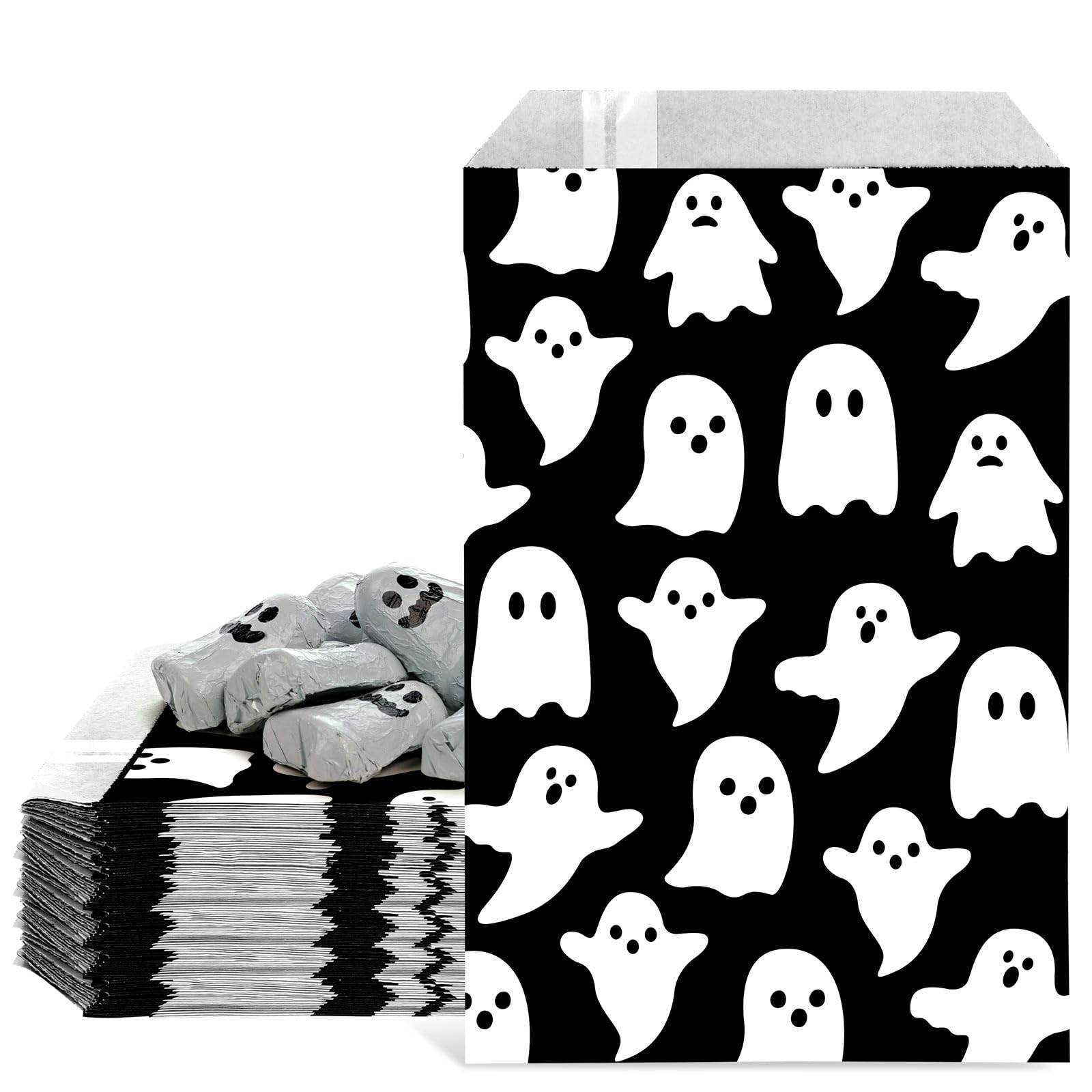 Whaline 100 Pack Halloween Treat Bags 5x7.3 Inch White Ghost Candy Goodie Bags Halloween Party Buffet Kraft Paper Bags Party Favor Snack Bags for Chocolate Cookies Goodies Halloween Party Favor