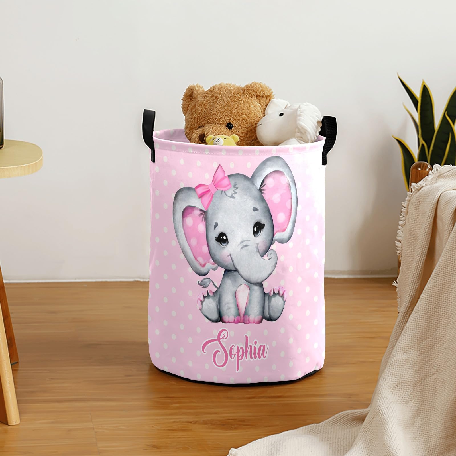 Personalized Wave Point Elephant Pink Waterproof Laundry Basket Handles Collapsible Hamper Storage Basket for Office Bathroom