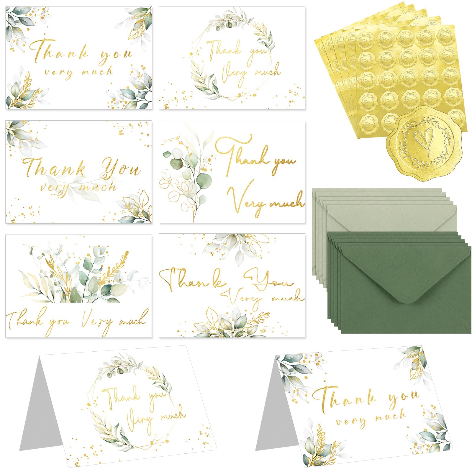 Qilery 120 Set Thank You Cards with Envelopes and Stickers for Wedding 5 x 3.5 Inch Sage Green Gold Foil Blank Thank You Notes Greeting Cards for Bridal Shower, Birthday, Graduation