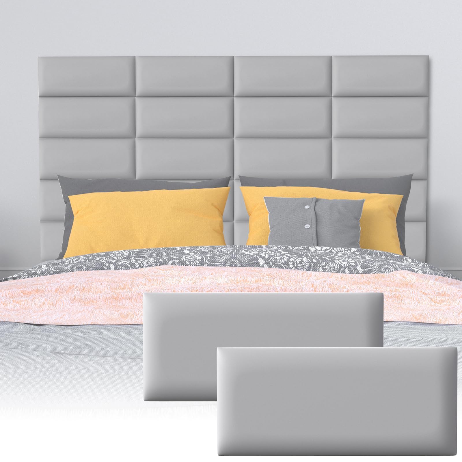 Elvone Upholstered Headboard Panels, 6 Panels Sized 7.8" x 15.7" Peel and Stick Padded Wall Panels for Kids, 3D Anti-Collision Wall Mounted Bed headboard for Full, Grey