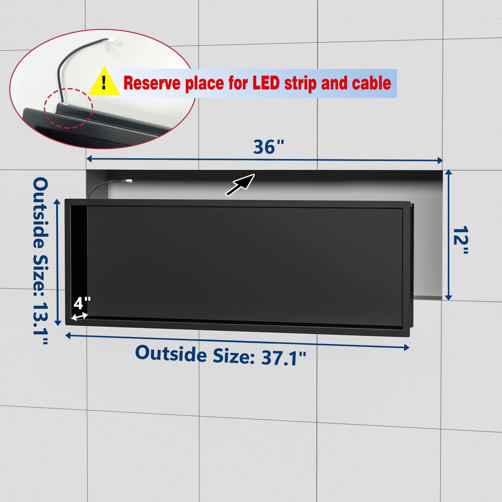 Neodrain Non-dimmable LED Light Shower Niche, Matte Black Wall Niche, 36"X12", Stainless Steel Bathroom Niche with LED Tube, Recessed Shower Niche Cubby for Shampoo, No Tile Needed