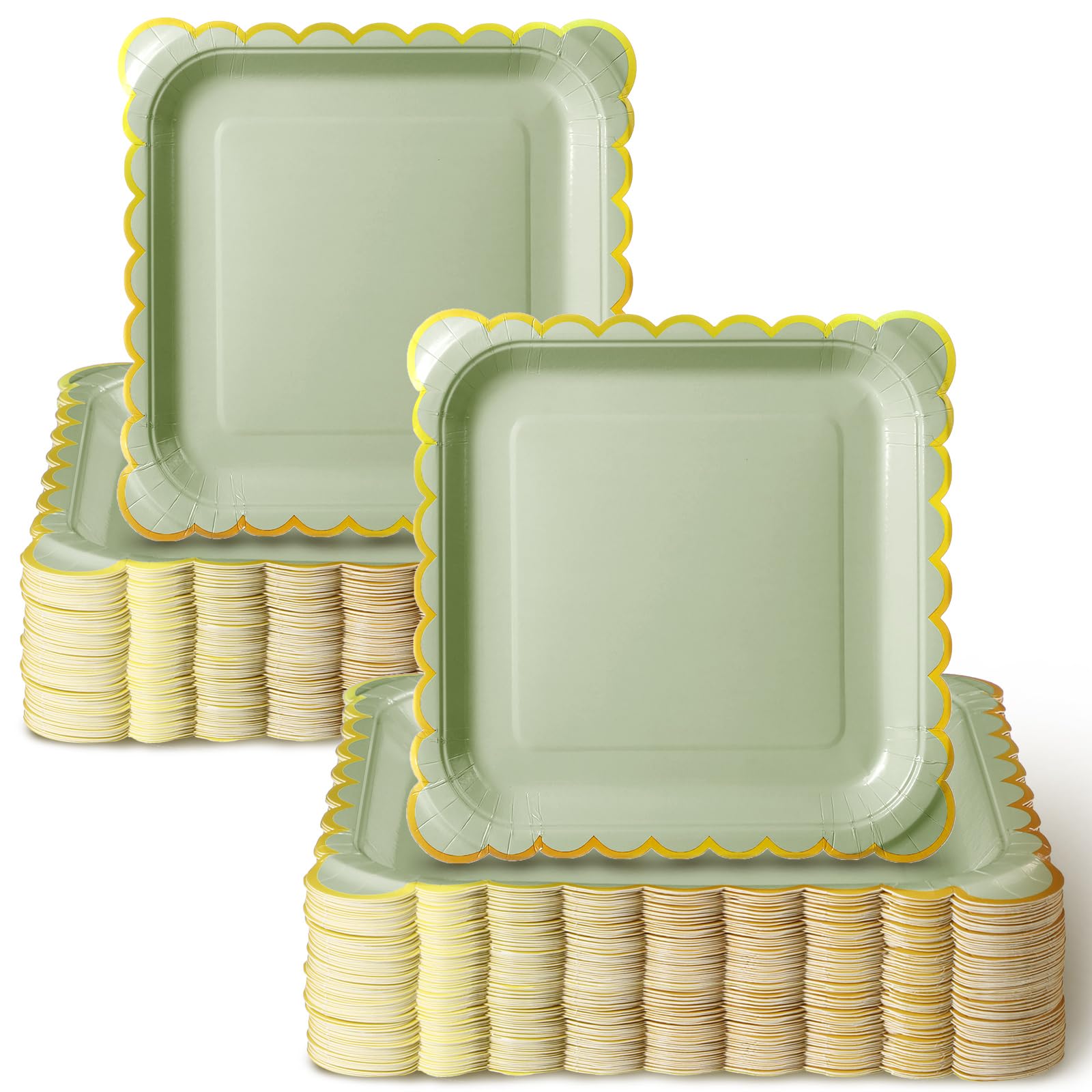 Uiifan 50 Pack Plates Sage Green Disposable Plates Sage Green Paper Plates for Party Dessert Plates Bulk Gold Border Disposable Paper Plates Set for Wedding Engagement Bridal Shower (9inch)